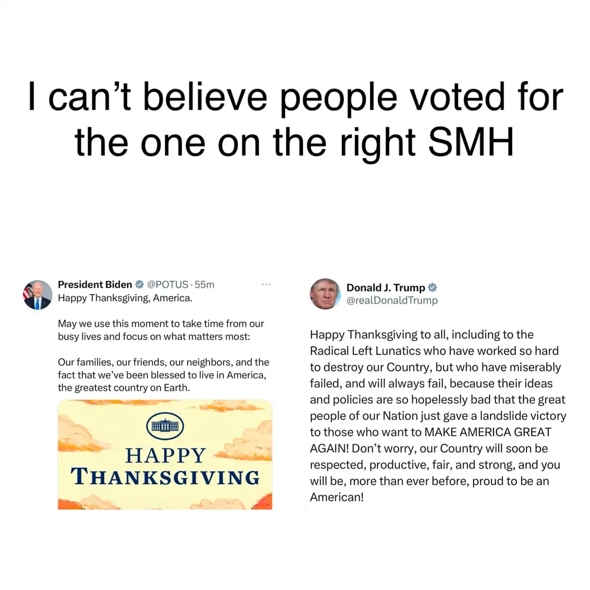 The image displays two side-by-side Twitter posts from President Biden and Donald J. Trump, both wishing a Happy…