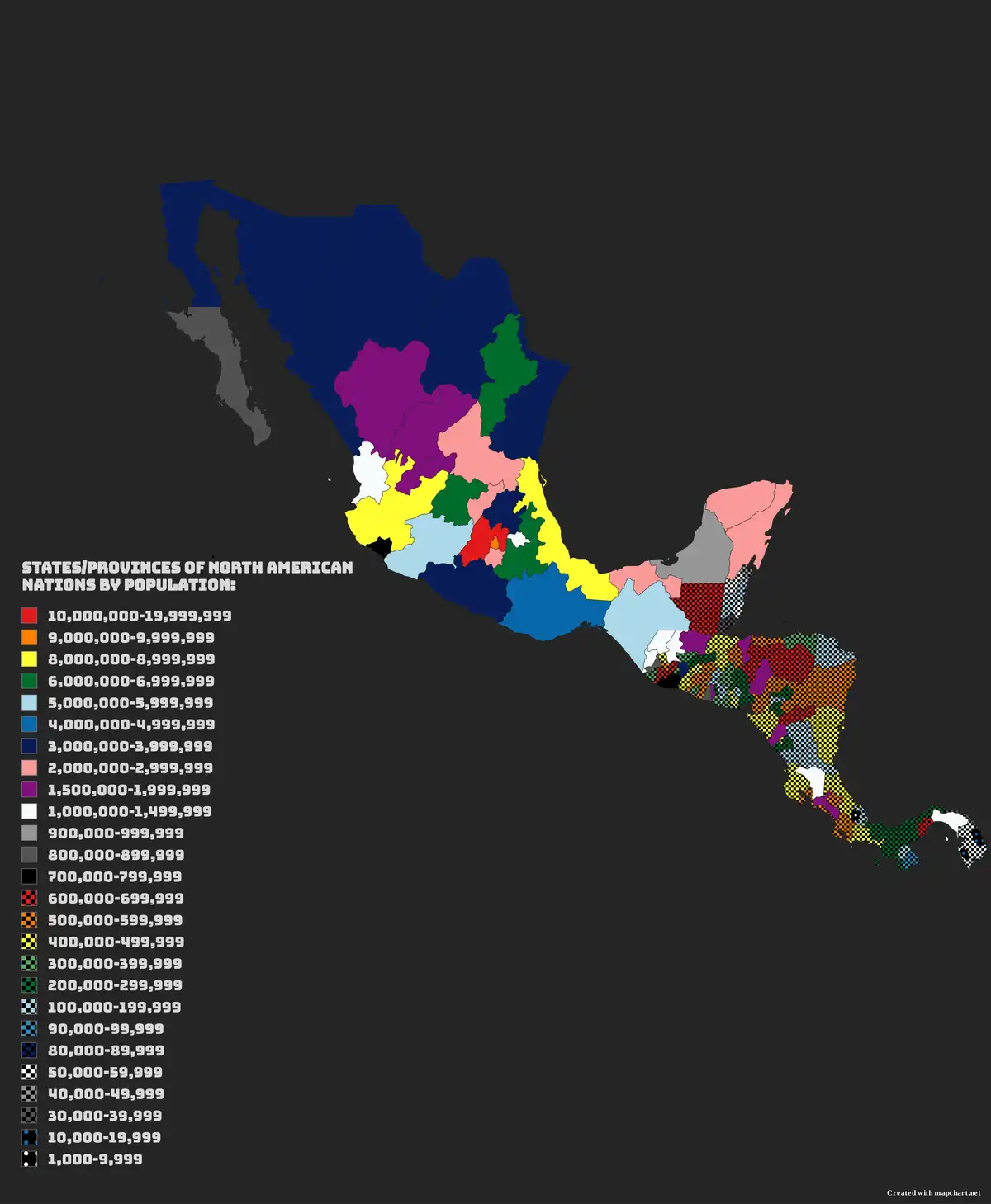 A colorful map of North America showing states and provinces colored by population size, with a legend on the left…