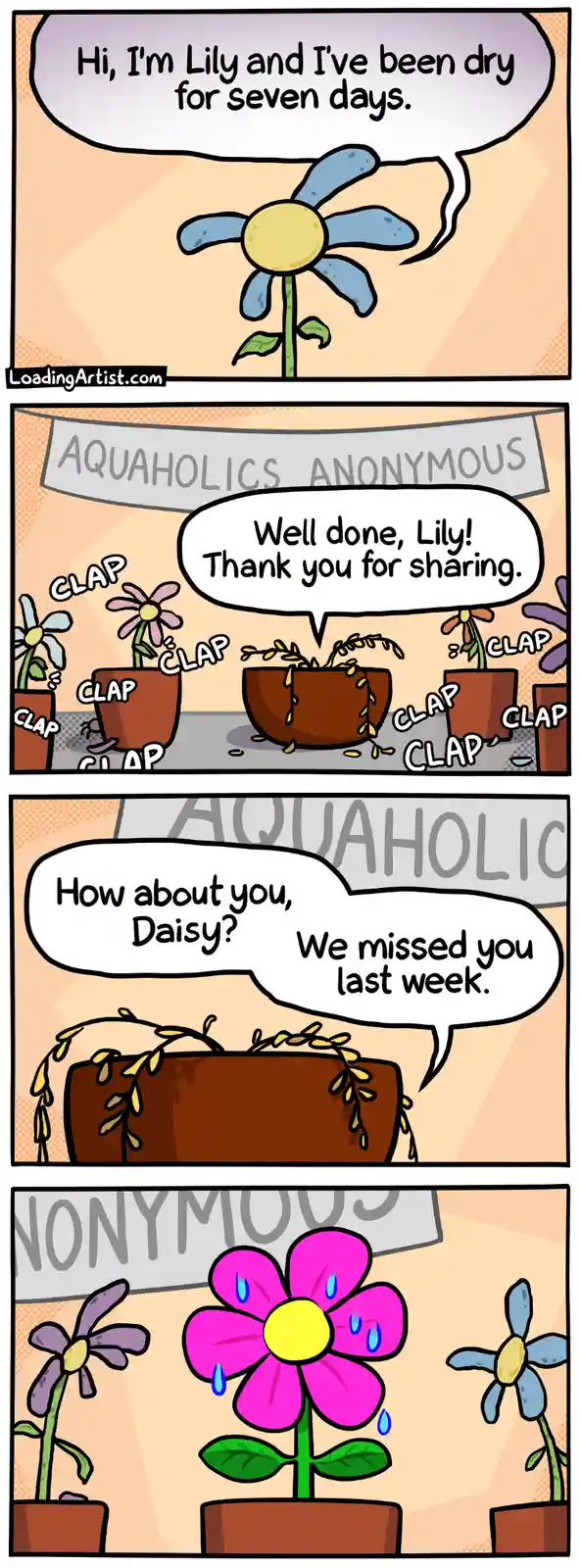 A four-panel comic shows a dry blue flower named Lily proudly announcing she's been without water for seven days, earning…