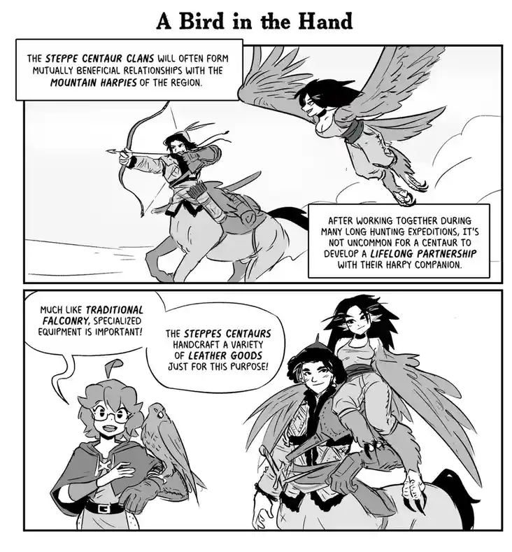 A black-and-white comic titled 'A Bird in the Hand' depicts a centaur archer hunting with a winged harpy, then showing a…