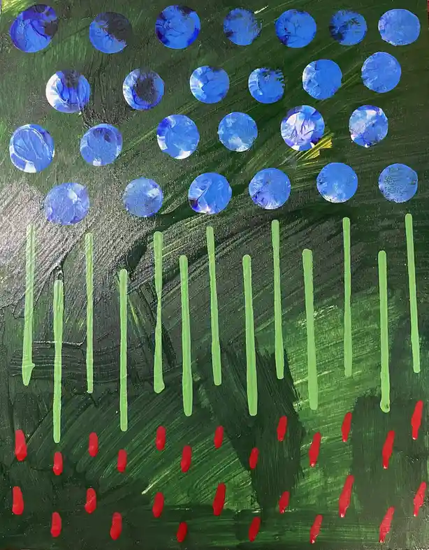 A child's painting depicts blue circles (blueberries) falling from the top, hitting green vertical lines (grass), and…