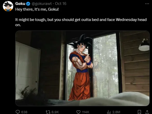 An anime character, Goku from Dragon Ball, stands in a wooden room near a window, looking determined while wearing his…
