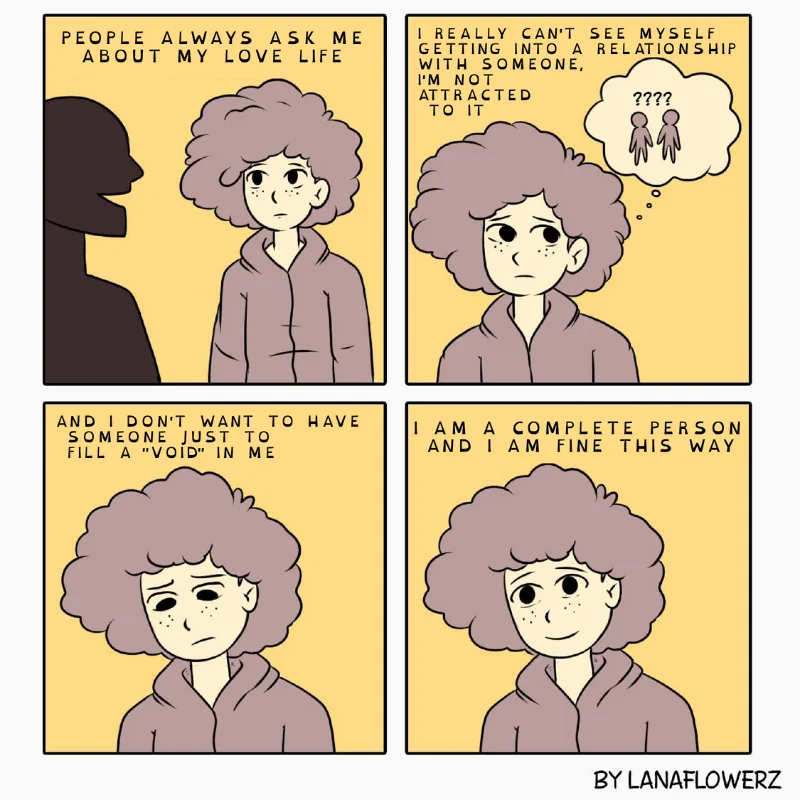A four-panel comic strip shows a person with curly hair and freckles explaining why they don't want a romantic relationship…