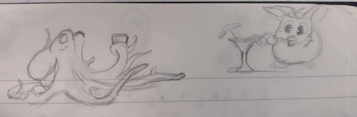 A pencil sketch on lined paper shows two cartoon characters: on the left, a squid-like creature with a top hat and a…
