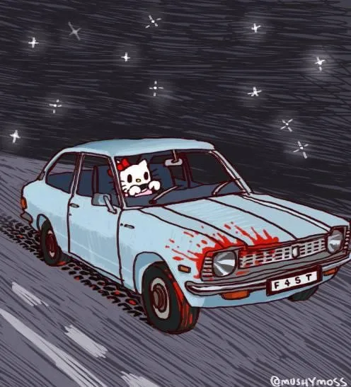 A cartoon illustration shows the character Hello Kitty driving a light blue vintage car at night under a starry sky. The car…