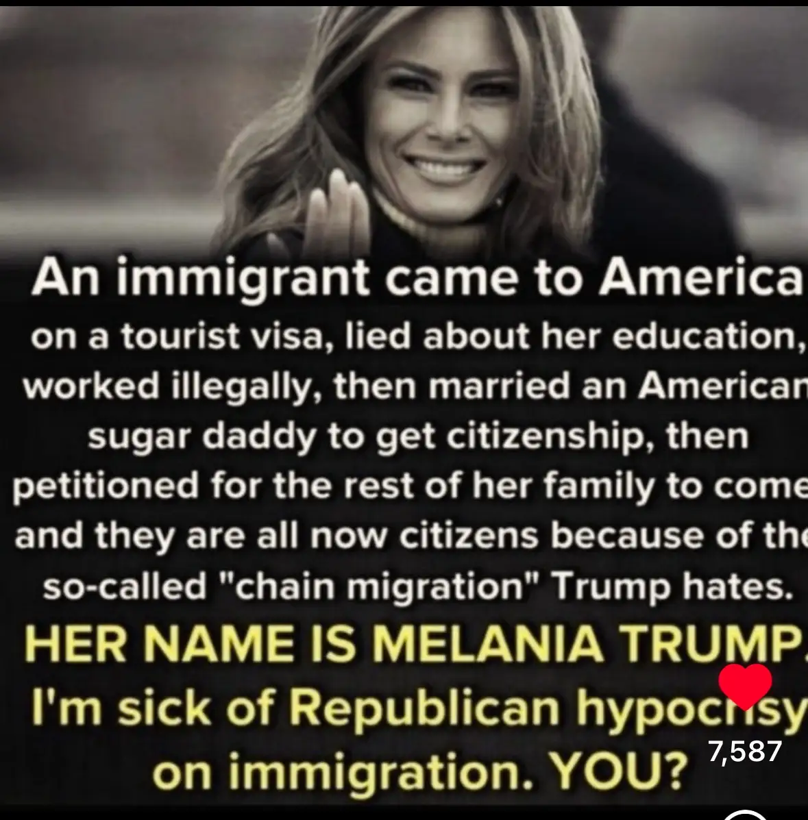 A black-and-white photo of Melania Trump smiling and waving, overlaid with text accusing her of immigration violations…