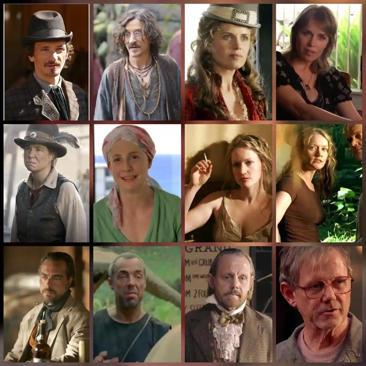 A nine-panel grid collage featuring various actors portraying characters from the TV show 'The Walking Dead,' each with a…