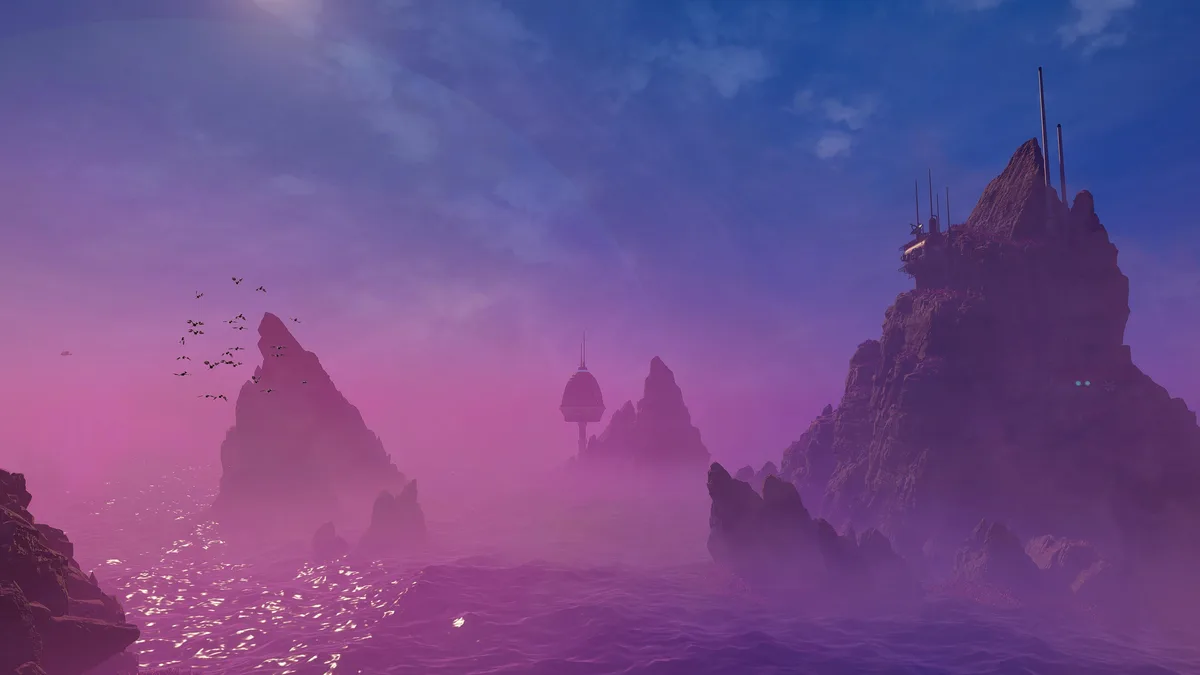 A screenshot from a video game shows a surreal, purple-hued seascape with jagged rock formations, futuristic structures on…