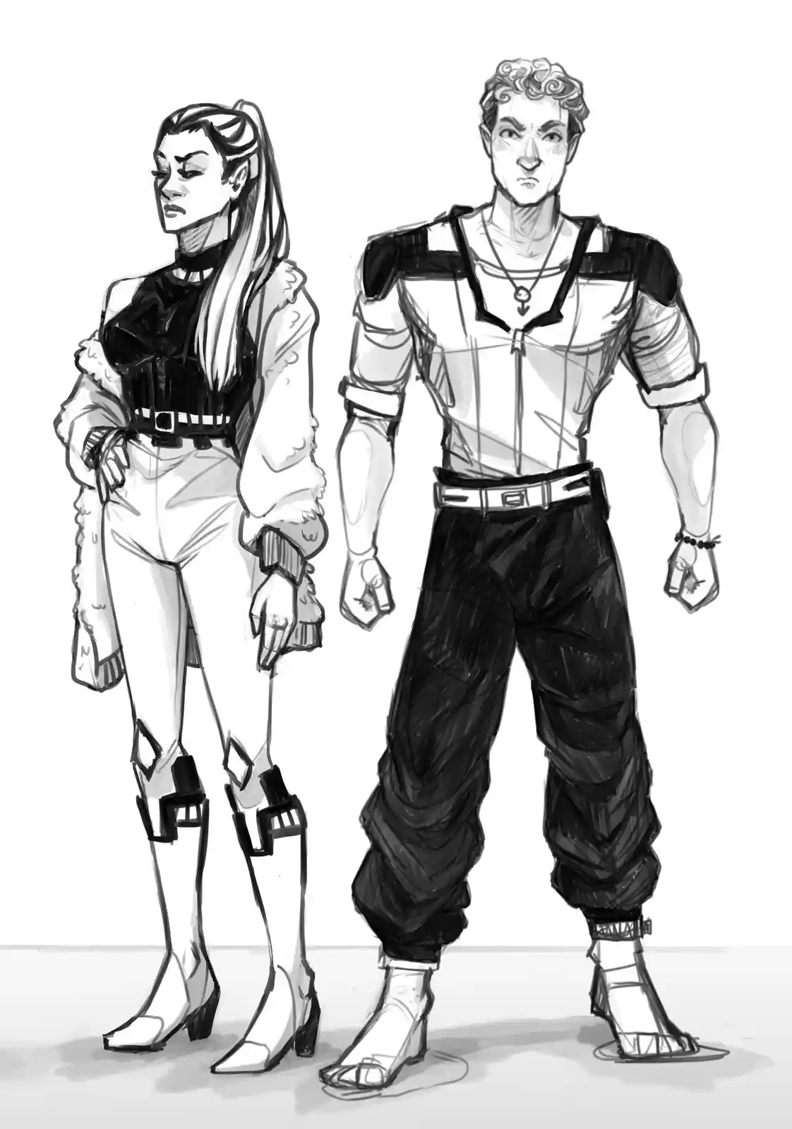 A black-and-white sketch shows two characters standing side by side. The woman on the left wears a fur-trimmed jacket, a…