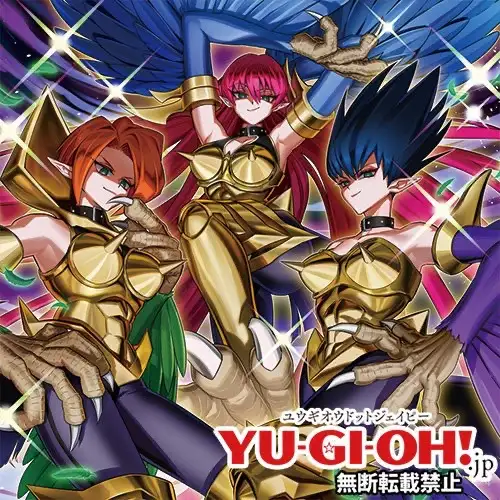 Three anime-style female characters in golden armor pose dynamically against a sparkling, colorful background. The central…