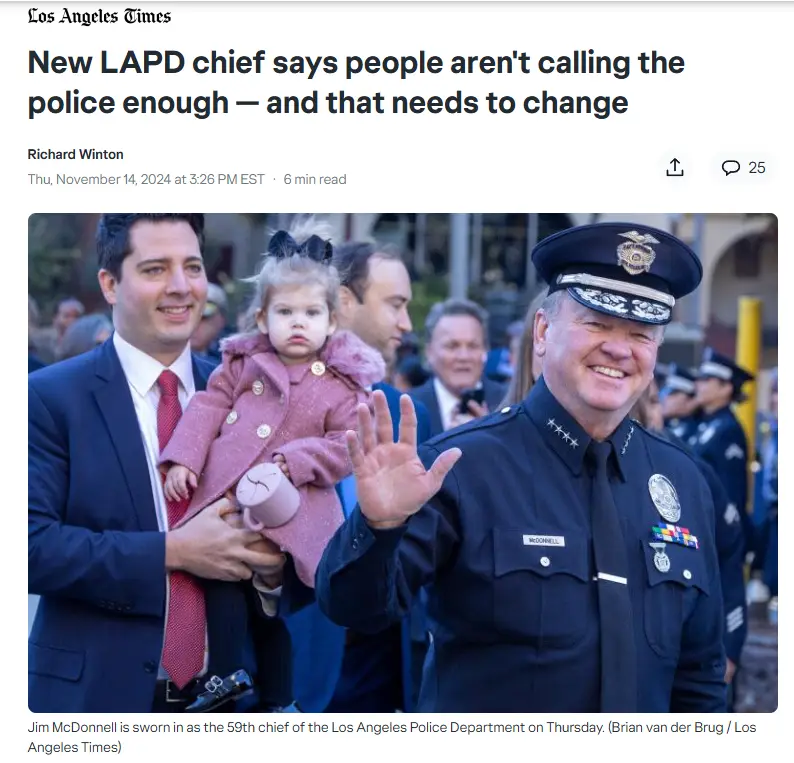 A screenshot of a Los Angeles Times article shows new LAPD Chief Jim McDonnell waving while being sworn in, with a man…
