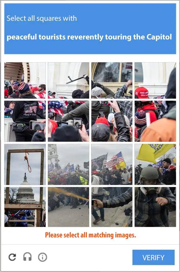 An image mimicking a CAPTCHA-style selection test, asking users to 'Select all squares with peaceful tourists reverently…