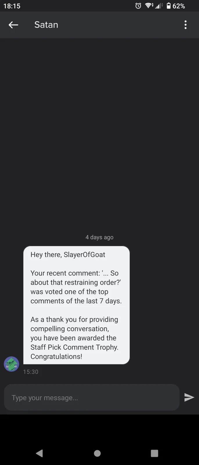 A screenshot of a messaging app conversation with a contact named 'Satan'. The message, timestamped '4 days ago', is a…