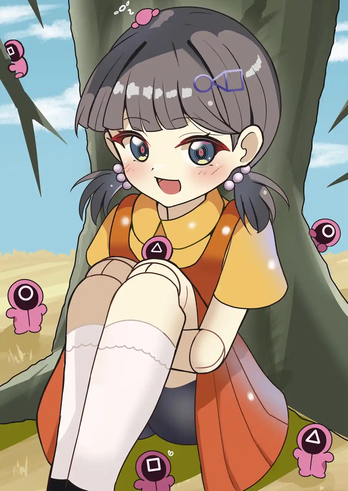 An anime-style girl with grey hair, red eyes, and a cheerful expression sits by a tree, surrounded by small pink creatures…
