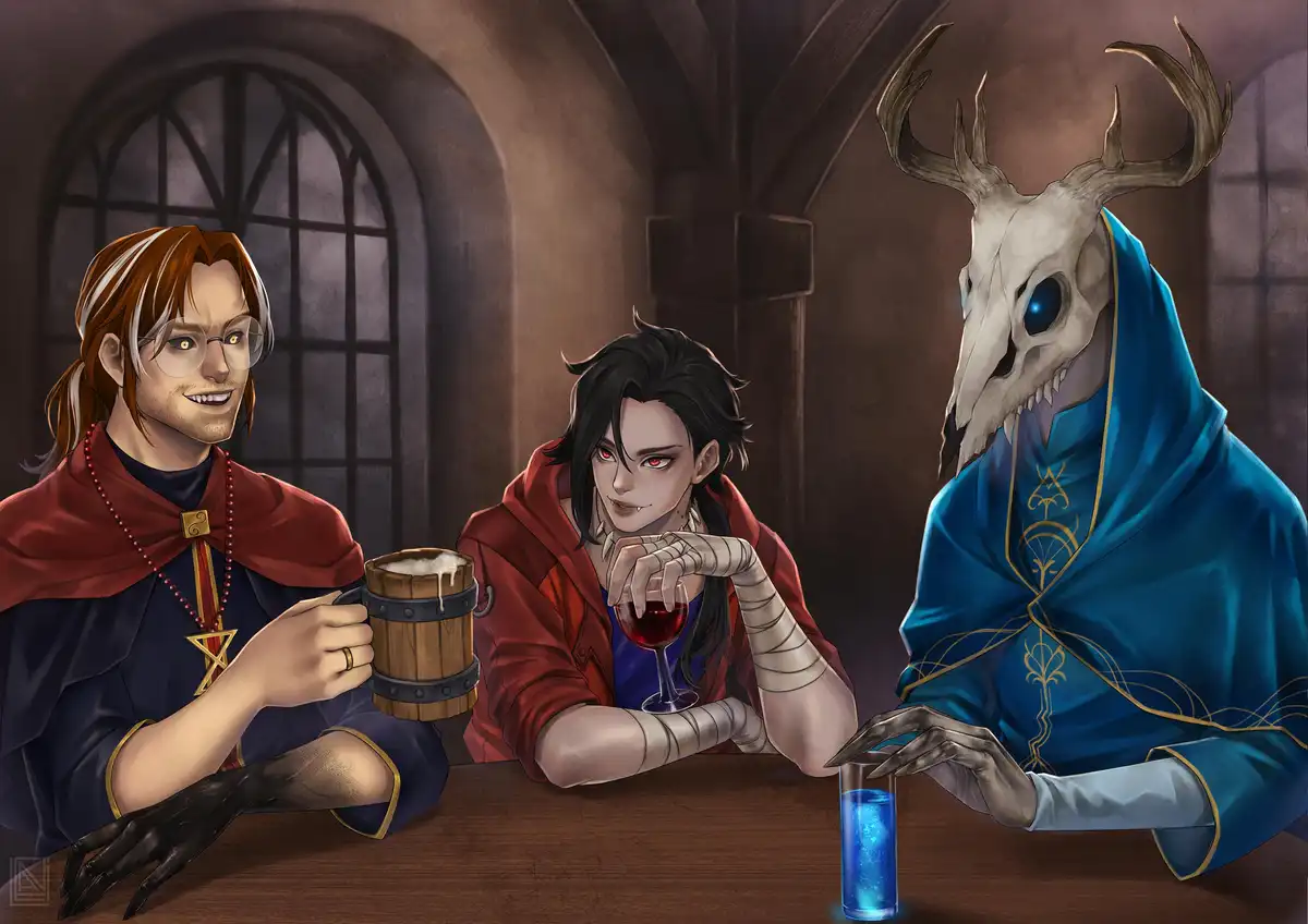 Three fantasy characters sit at a wooden table in a dim, gothic-style room. On the left, a man with glasses and a red cape…