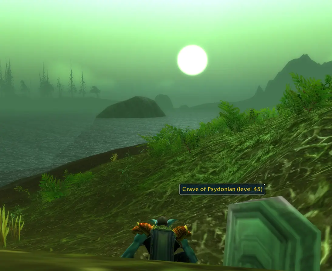 A screenshot from the game World of Warcraft shows a character standing on a grassy hill overlooking a misty, green-hued…