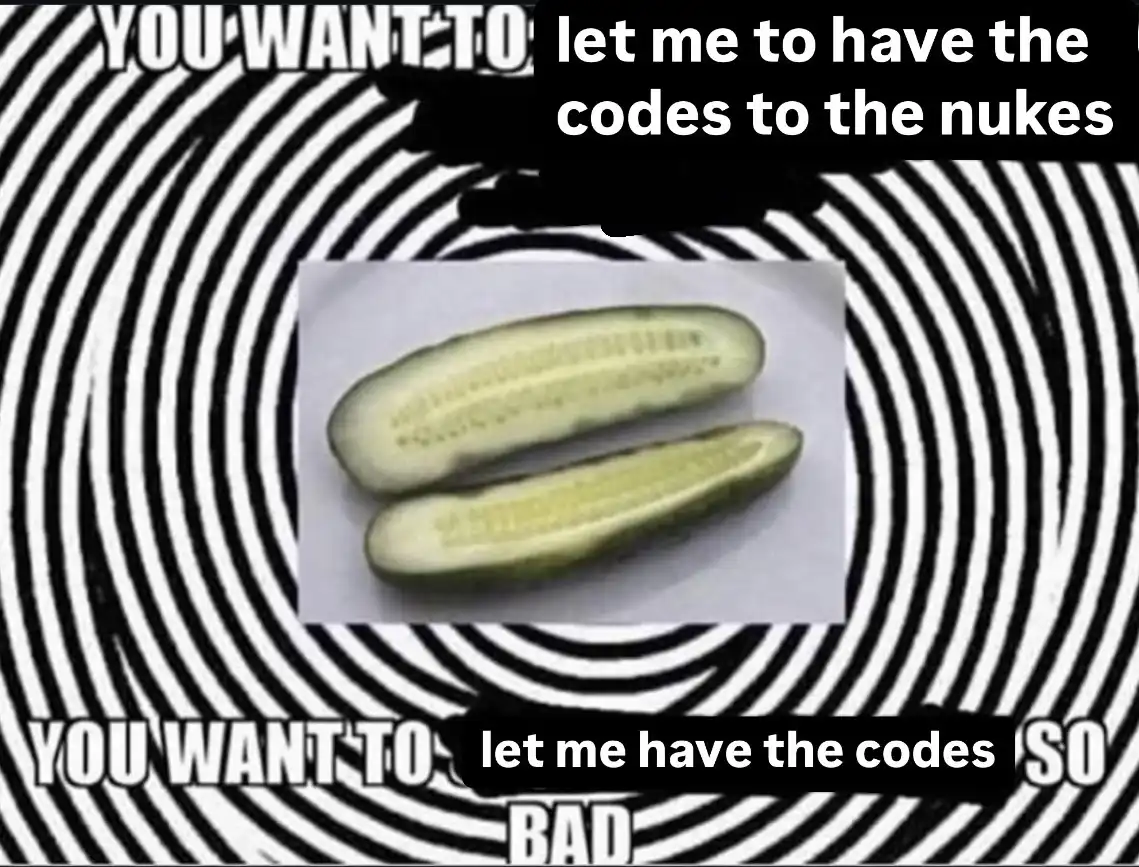 A black-and-white spiral background features a central image of two sliced pickles. Overlaid text reads 'YOU WANT TO let me…