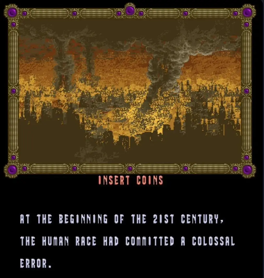 A pixelated image resembling a vintage arcade game screen shows a city skyline engulfed in smoke and fire against an orange…