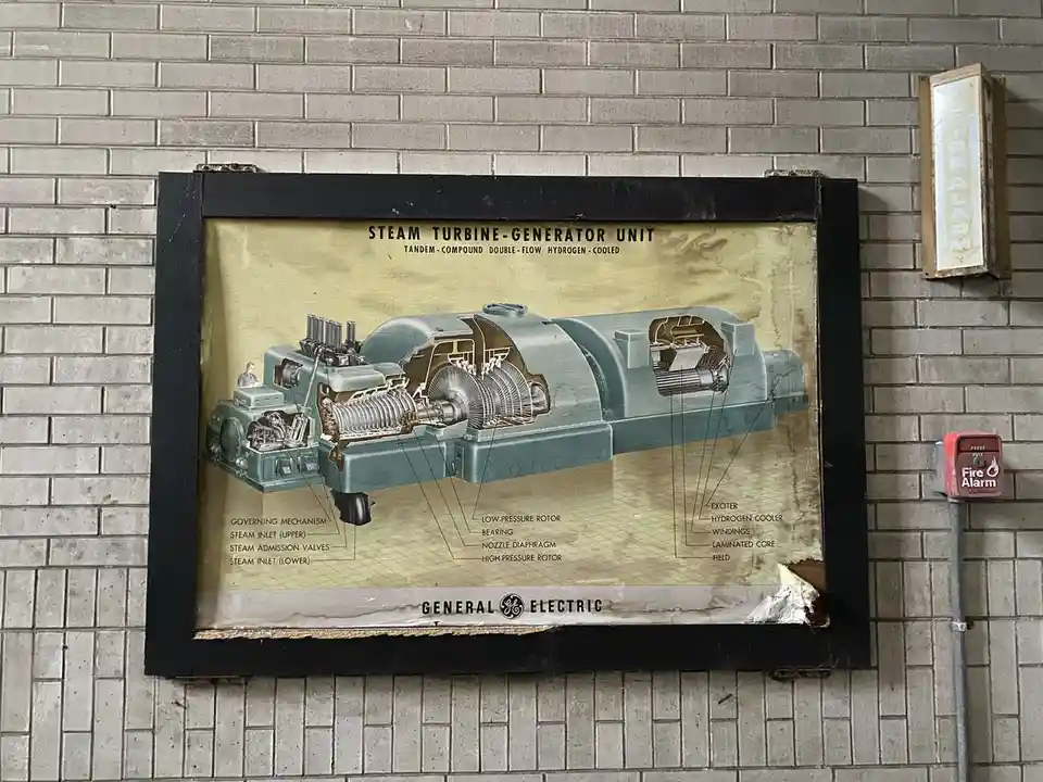 A weathered, framed technical diagram of a General Electric steam turbine-generator unit hangs on a brick wall next to a…