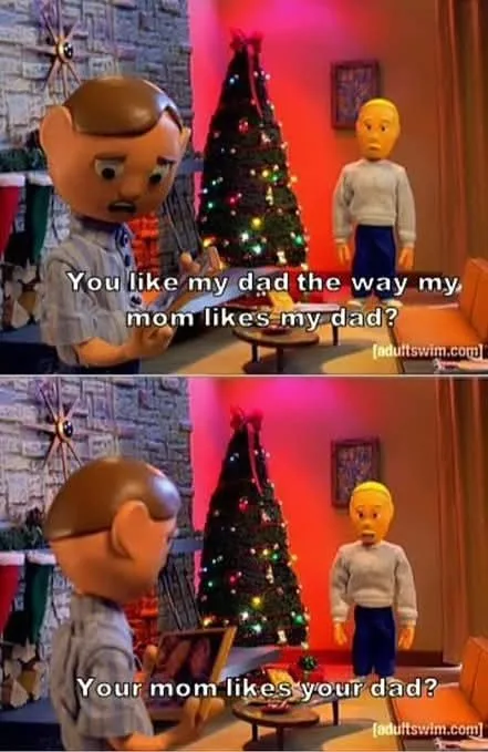 Two-panel image from the animated show 'The Brak Show' featuring two claymation-style characters in a living room with a lit…
