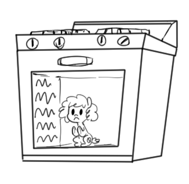 A simple black-and-white line drawing shows a cartoon child with curly hair sitting inside an oven, looking sad and scared…