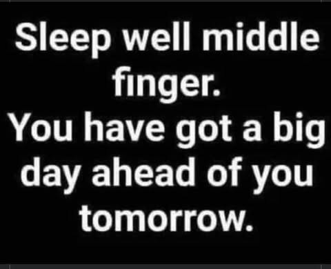 A black background with white text that reads 'Sleep well middle finger. You have got a big day ahead of you tomorrow.' The…