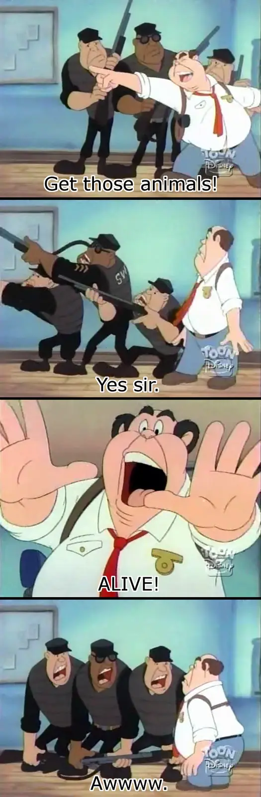 A four-panel cartoon meme from 'The Wacky World of Tex Avery' shows a police chief ordering his SWAT team to capture 'those…