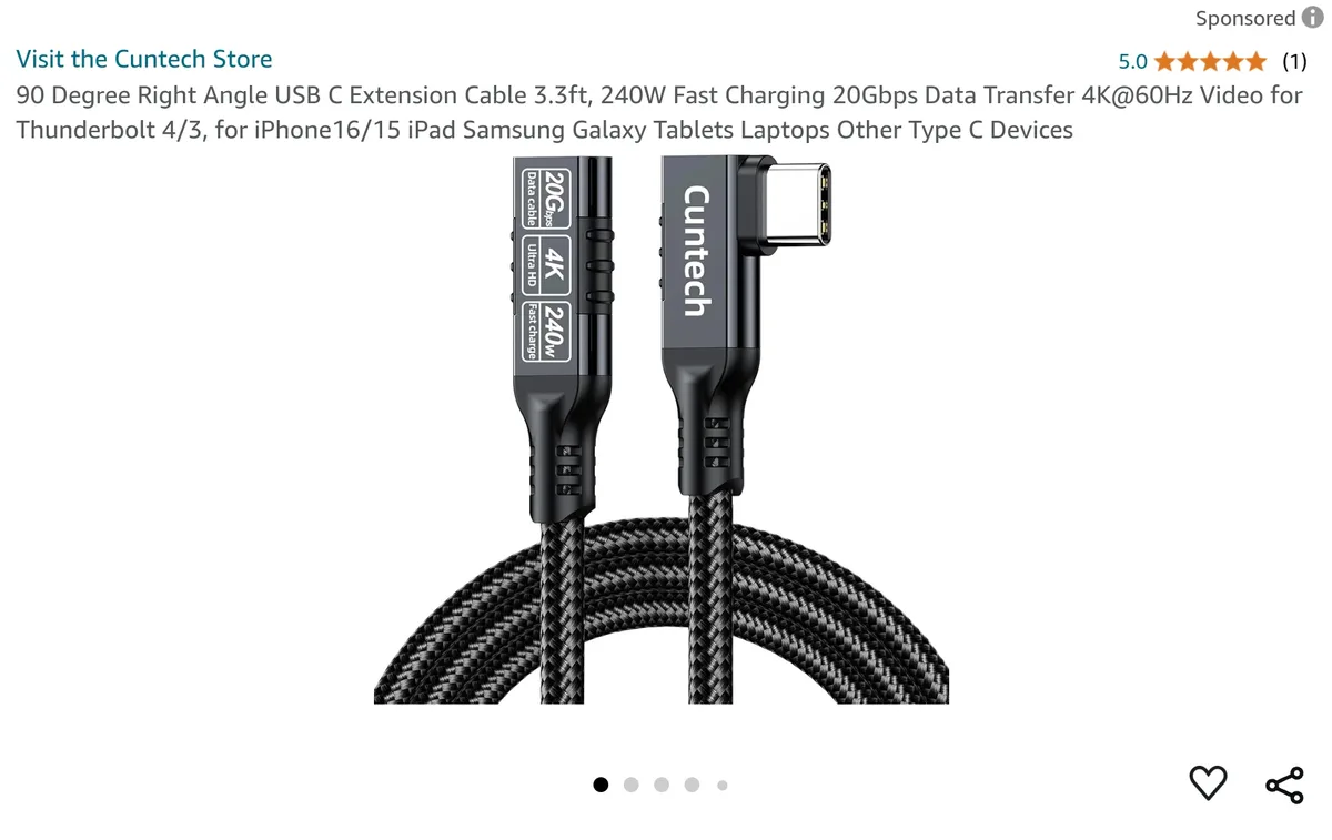 An online product listing for a black, braided 90-degree right-angle USB-C cable, branded 'Cuntech', showing its connectors…