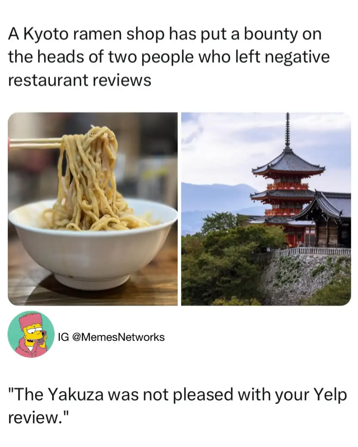 The image displays two side-by-side photos: one of ramen noodles being lifted with chopsticks from a white bowl, and the…
