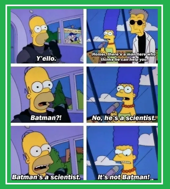 A six-panel comic strip from The Simpsons shows Homer Simpson in a car, initially greeting someone with 'Y'ello.' Marge…