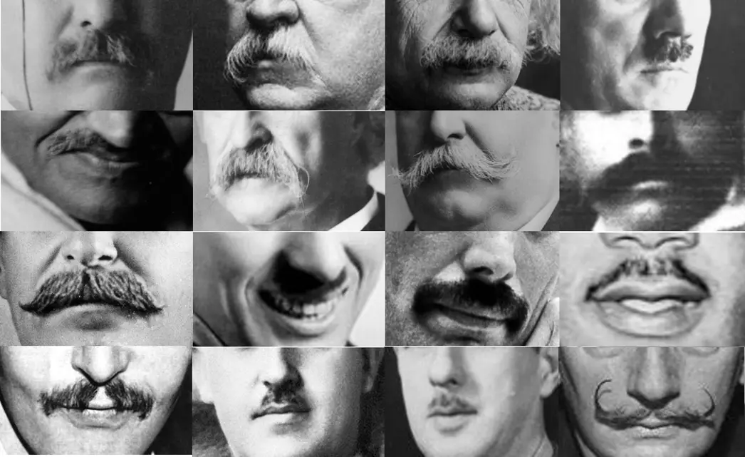 A black-and-white collage of 16 close-up photos showing various men's faces, each highlighting a different style of…