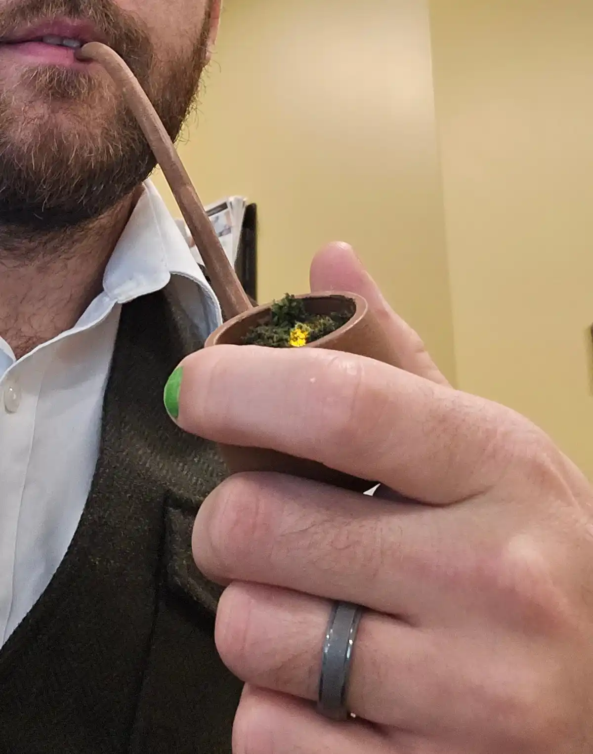 Crafted a Hobbit Costume with a Pipe and Pint for Halloween at Work