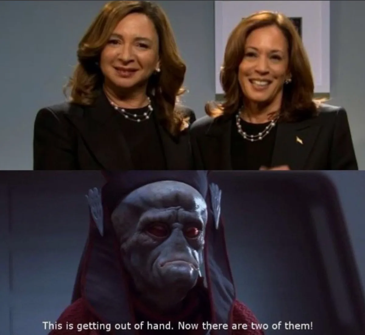 The top panel shows two identical-looking women in black suits and pearl necklaces smiling at the camera. The bottom panel…