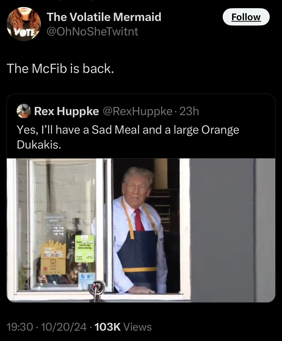 A screenshot of a tweet shows Donald Trump wearing a McDonald's apron and looking out a service window. The tweet from Rex…