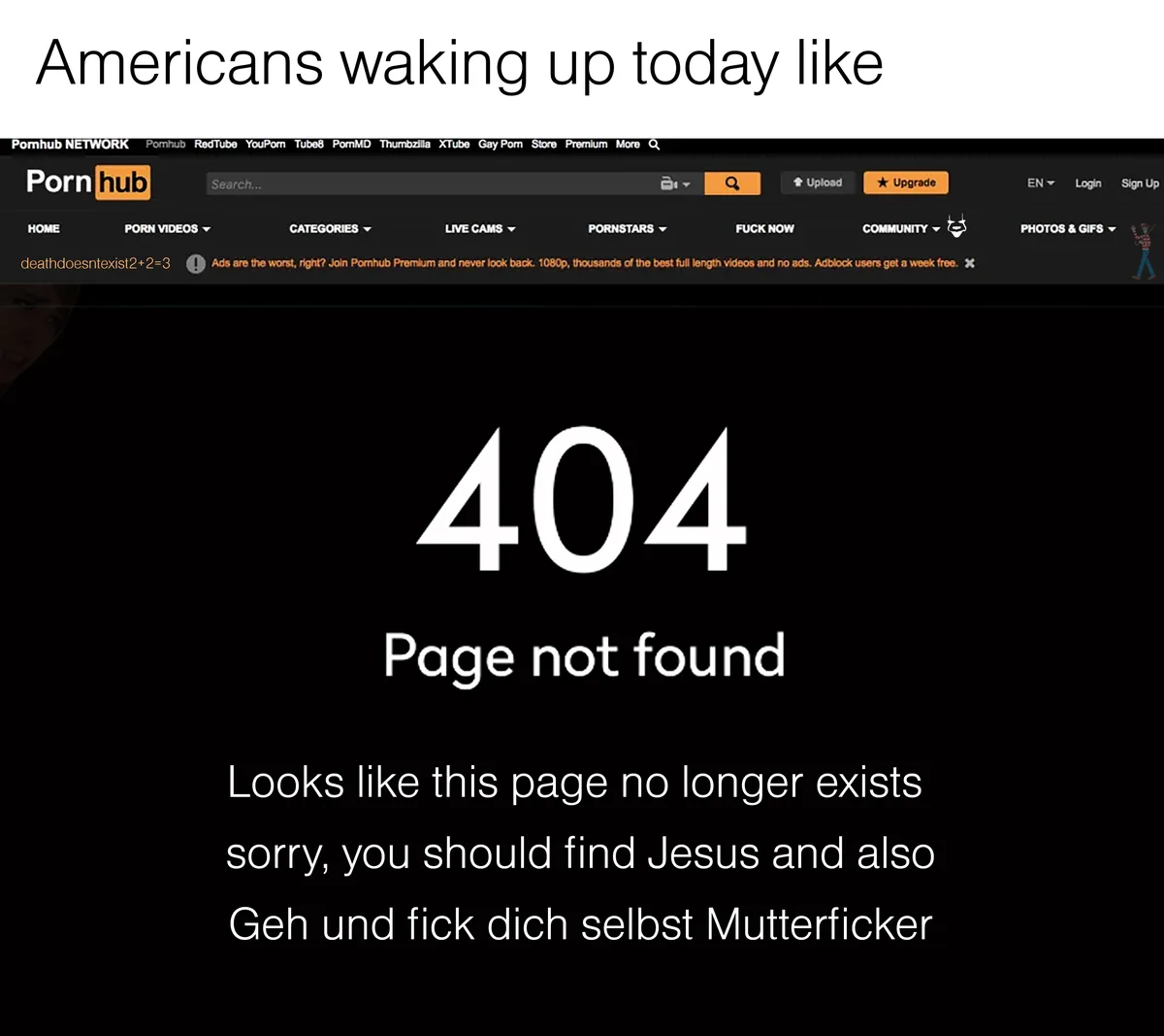 The image displays a screenshot of the Pornhub website's 404 error page, which reads 'Page not found' and 'Looks like this…