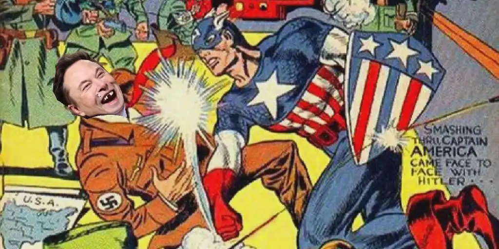 A vintage comic book panel shows Captain America punching a Nazi officer, with the text 'SMASHING THRILL. CAPTAIN AMERICA…