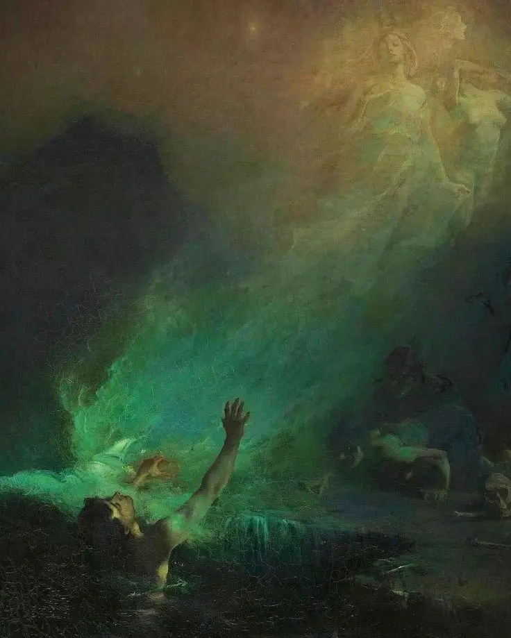 A dark, painterly image depicts a person submerged in murky green water, reaching upward with one arm toward ethereal…