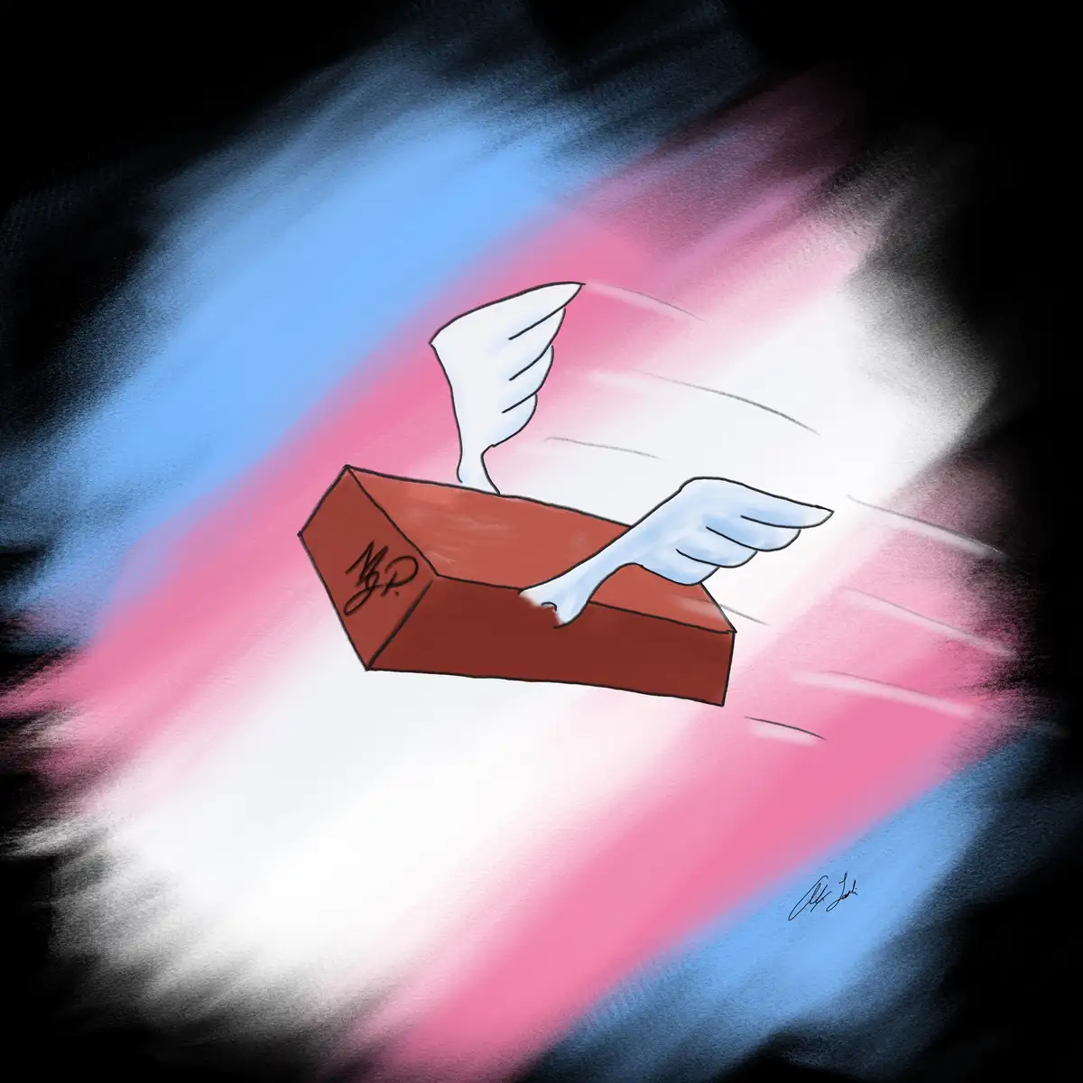 A cartoonish red coffin with white angel wings is flying through a radiant pink, blue, and white light beam against a dark…