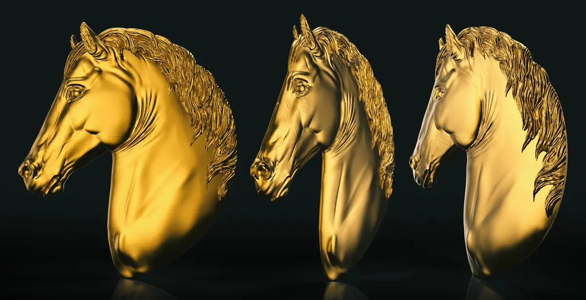 Three identical golden horse head sculptures are displayed side-by-side against a dark background, each angled slightly…