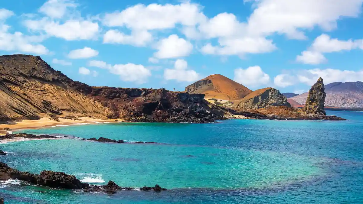 A thumb-like volcanic plug, Pinnacle Rock, lies on the barren tawny shore, a result of a long-eroded volcano. Tour boats in…