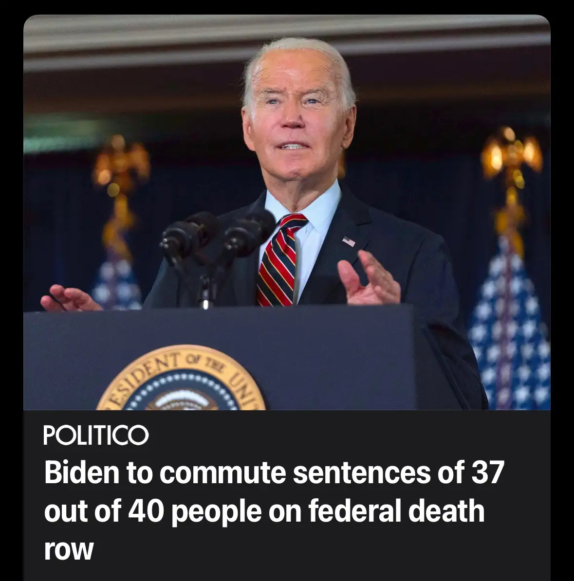 A photo of Joe Biden speaking at a podium with the presidential seal, overlaid with a Politico headline stating he will…
