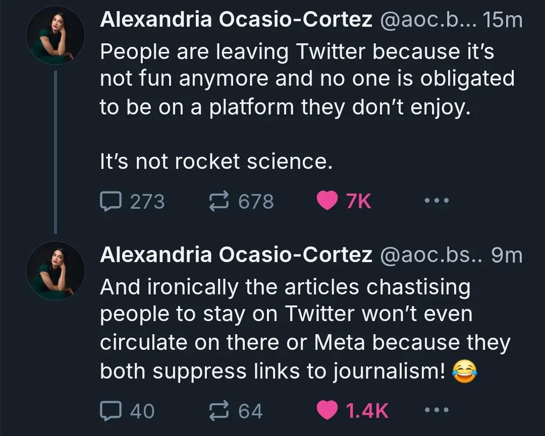 A screenshot of two consecutive tweets from Alexandria Ocasio-Cortez on Twitter. The first tweet states that people are…