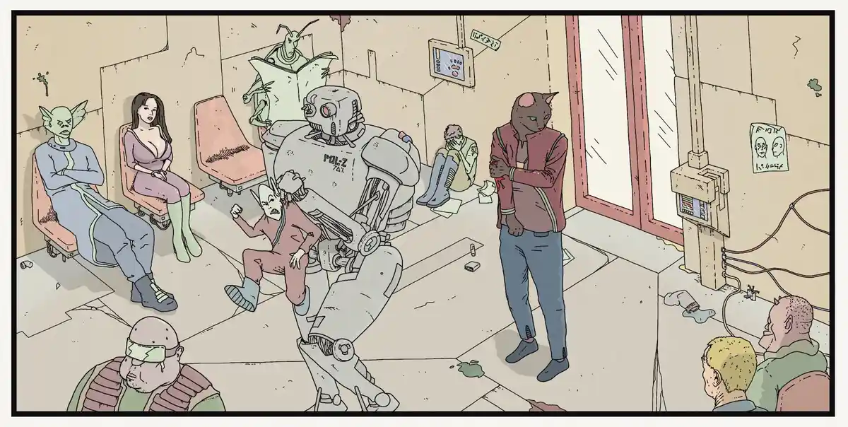 A cartoonish, dystopian waiting room scene with various alien and humanoid characters, including a large robot labeled…