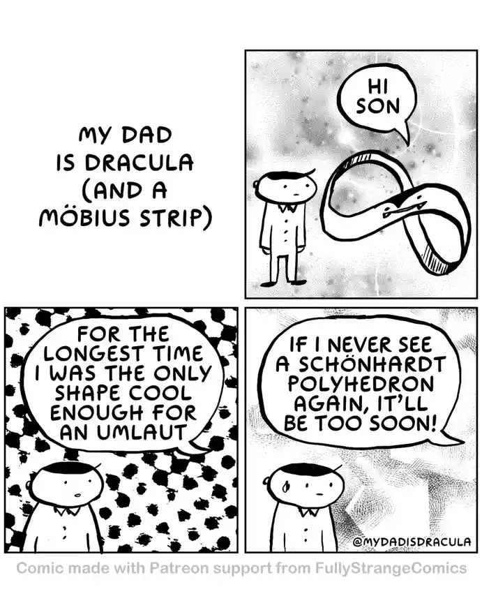 A four-panel comic titled 'MY DAD IS DRACULA (AND A MÖBIUS STRIP)' shows a son meeting his dad, who is depicted as a Möbius…