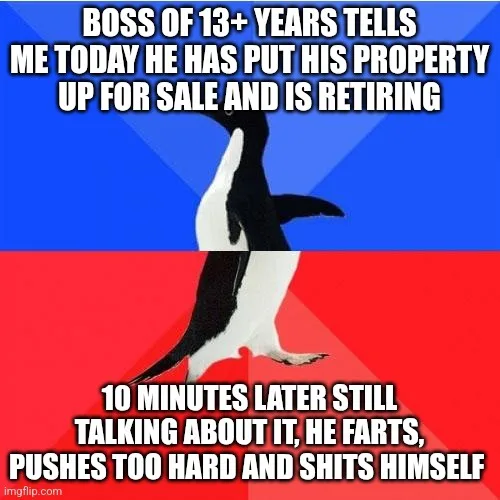 A penguin stands against a blue and red background, with white text overlaid in two sections. The top text reads 'BOSS OF…