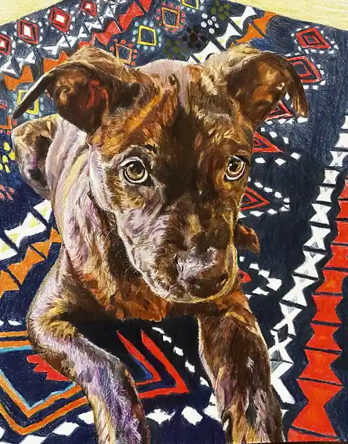 A colorful, stylized drawing of a brown and white puppy with large, expressive eyes, sitting on a vibrant…