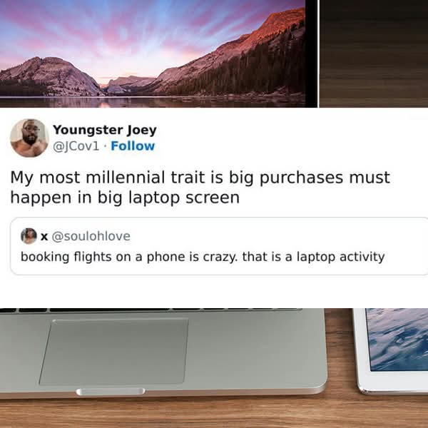 The image shows a screenshot of a Twitter thread. The top tweet from 'Youngster Joey' (@jCov1) says 'My most millennial…