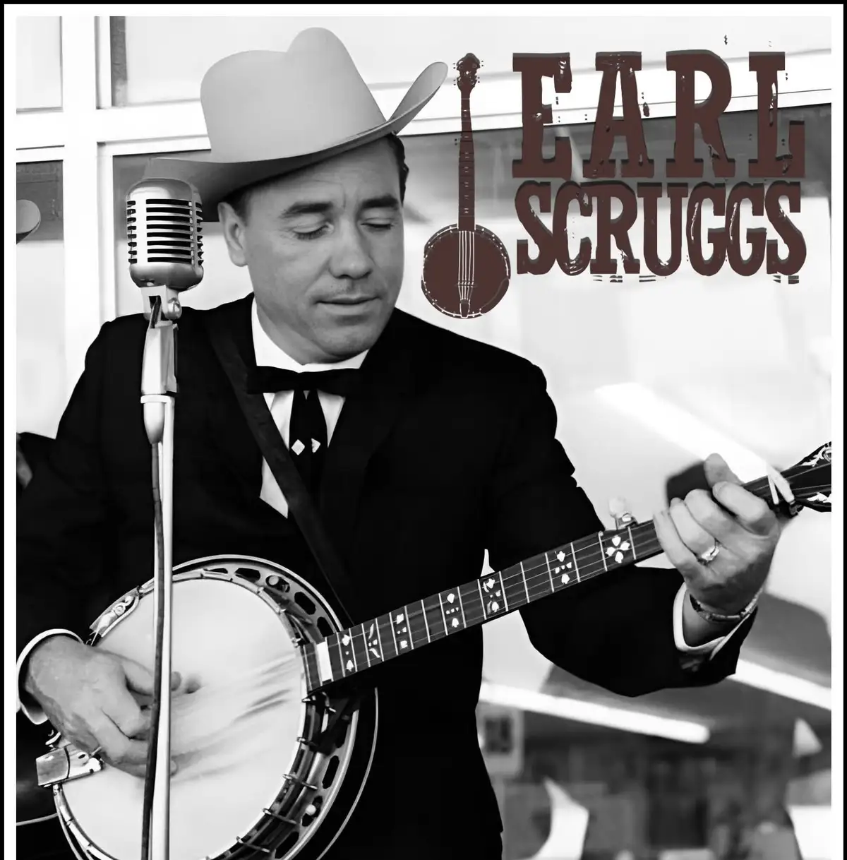 A black-and-white photo of musician Earl Scruggs wearing a cowboy hat and suit, playing a banjo in front of a vintage…