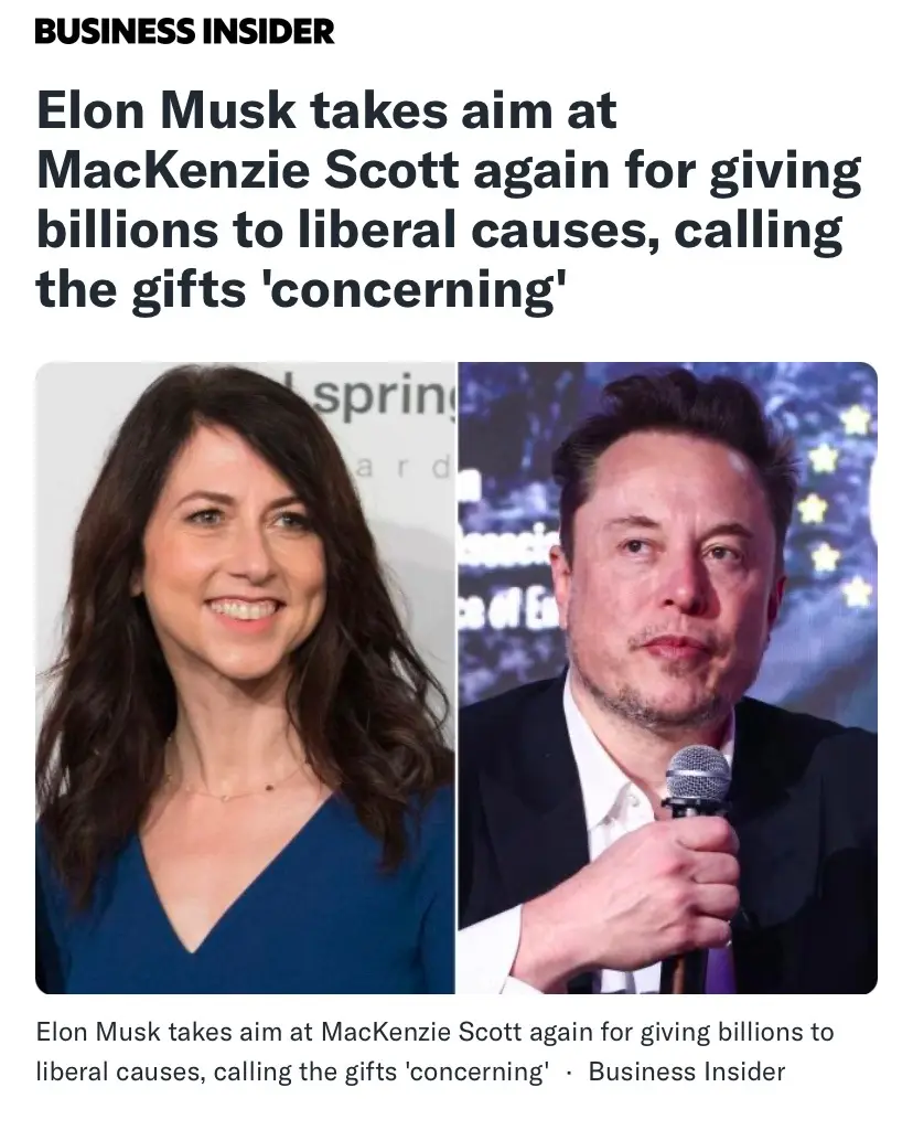 The image is a split-screen from Business Insider showing MacKenzie Scott smiling on the left and Elon Musk holding a…