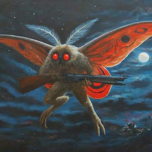 A large, menacing moth with glowing red eyes and feathered antennae flies through a starry night sky holding a rifle. Its…
